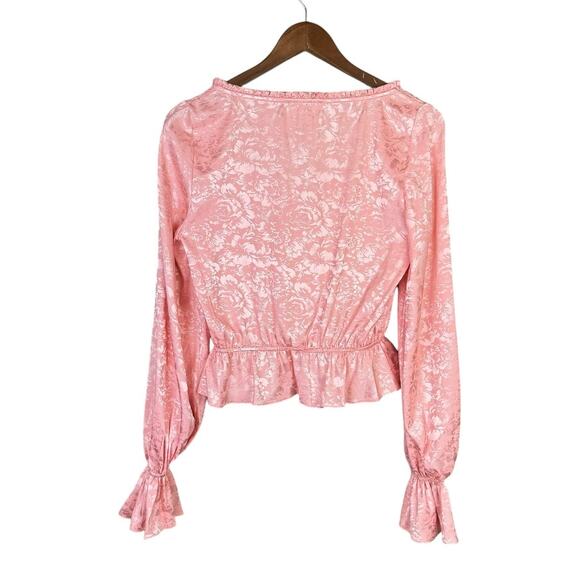 Divine Heritage Pink Floral Jacquard Satin Long Sleeve Peasantcore Blouse - Picture 9 of 13